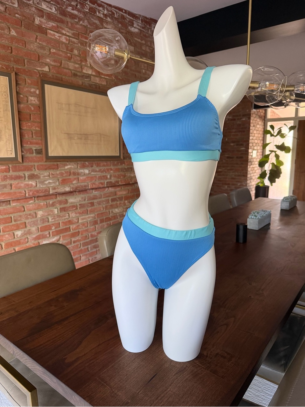 Blue Two-Tone Ribbed Bikini Set